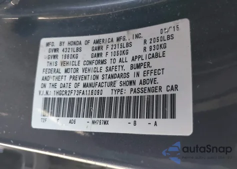 2015 Honda Accord Ex z USA, uszkodzony, nr VIN 1HGCR2F73FA116090